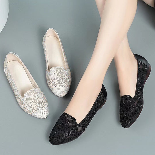 Damen Elegante Ballerinas mit modischem Lochmuster und funkelnden Strassdetails EB