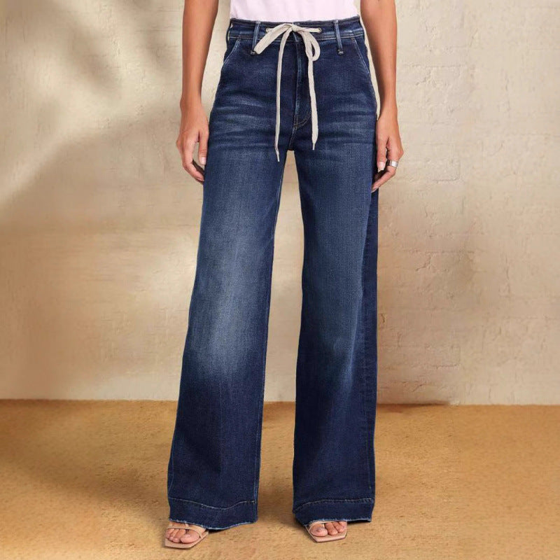 Damen Weit geschnittene Jeans mit lässigem Kordelzug und hohem Bund EB