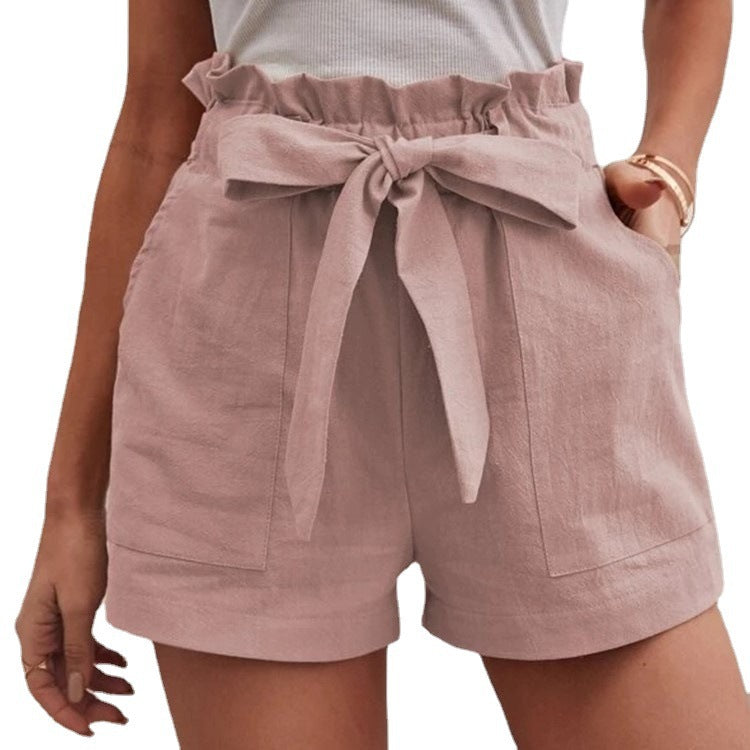 Damen kurze Lockere Leinenhose mit Bindegürtel EB