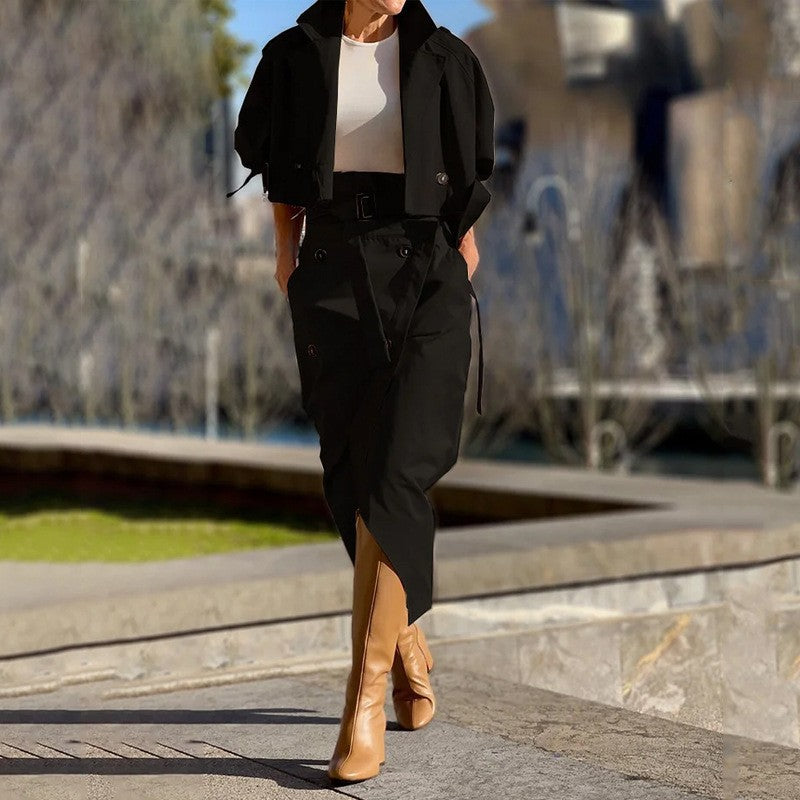 Damen Elegantes kurzes Blazer-Set mit tailliertem Wickel-Bleistiftrock EB