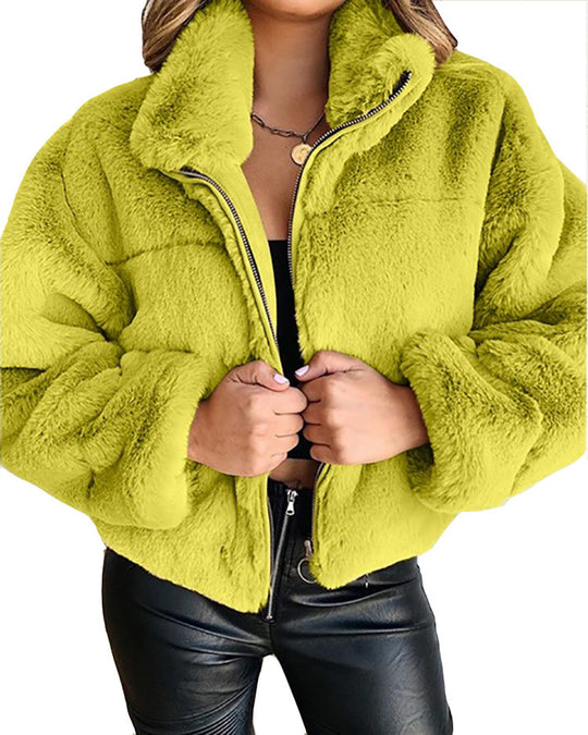 Damen Flauschige Trendjacke mit hohem Kragen EB