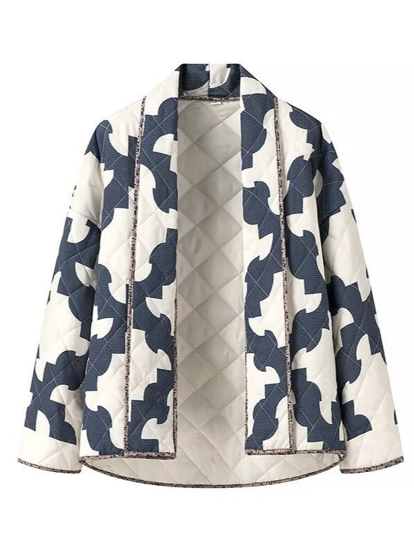 Damen gesteppte Jacke mit modernem Geometrie-Muster und offenem Schnitt EB