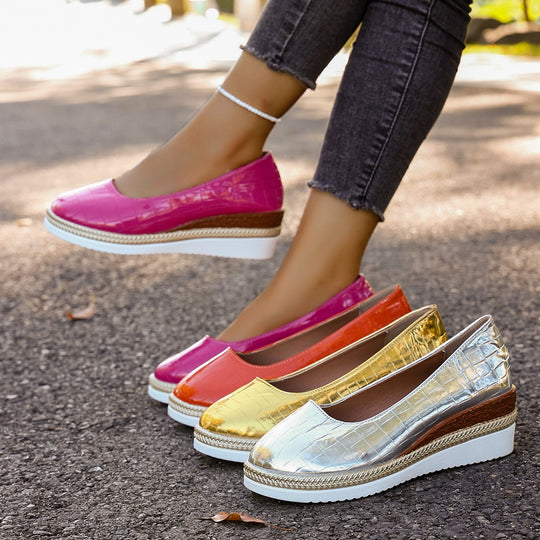 Damen Plattform-Ballerinas mit modischem Krokopattern und elastischer Einlage EB
