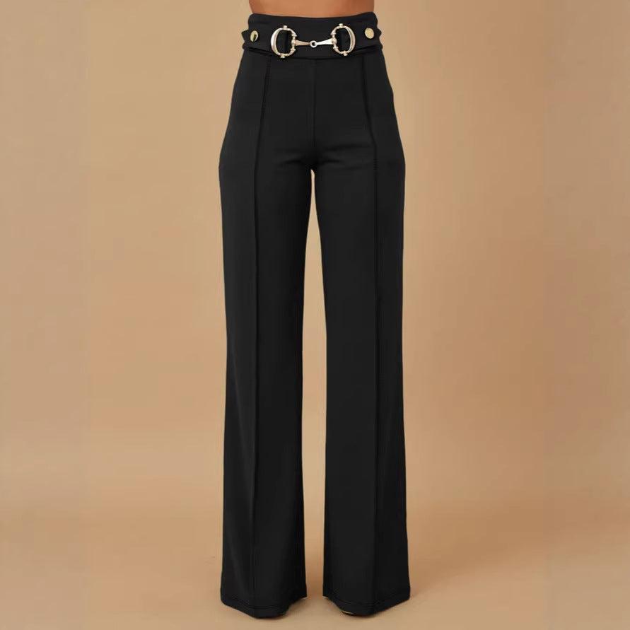 Damen weite Hochtaillenhose mit dekorativem Gürtel und eleganter Nahtführung EB