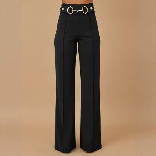 Damen weite Hochtaillenhose mit dekorativem Gürtel und eleganter Nahtführung EB