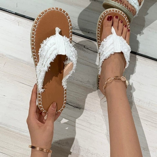 Damen flauschige Zehentrenner-Sandalen mit weichem Fußbett und trendigem Design EB