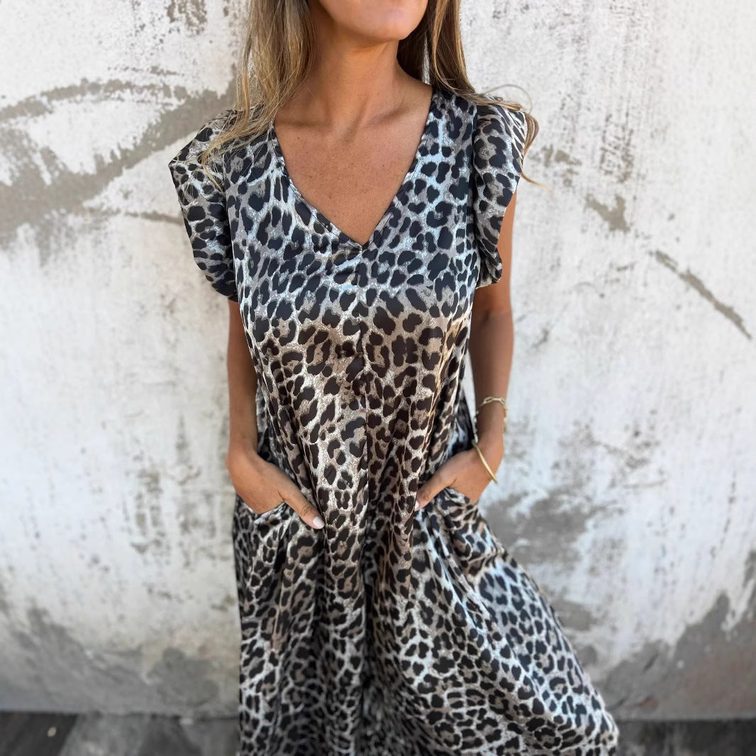 Damen Leichtes Maxikleid im modischen Leopardenlook mit Seitentaschen EB