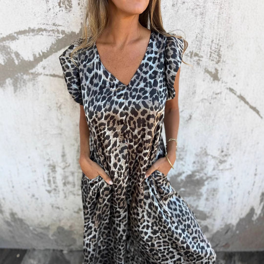 Damen Leichtes Maxikleid im modischen Leopardenlook mit Seitentaschen EB