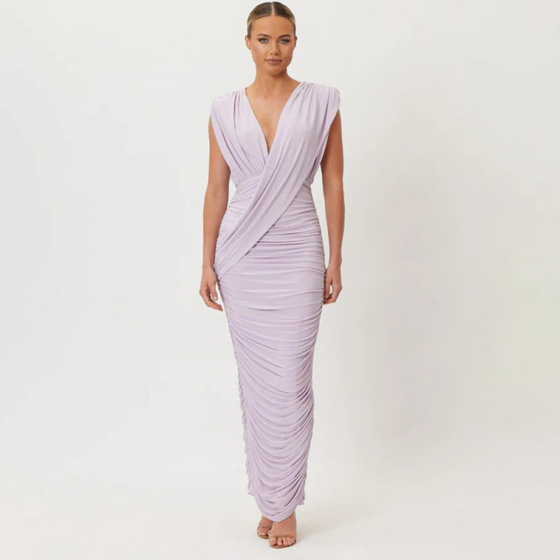 Damen elegantes Maxikleid mit raffiniertem Wickeldesign und Rüschendetails EB