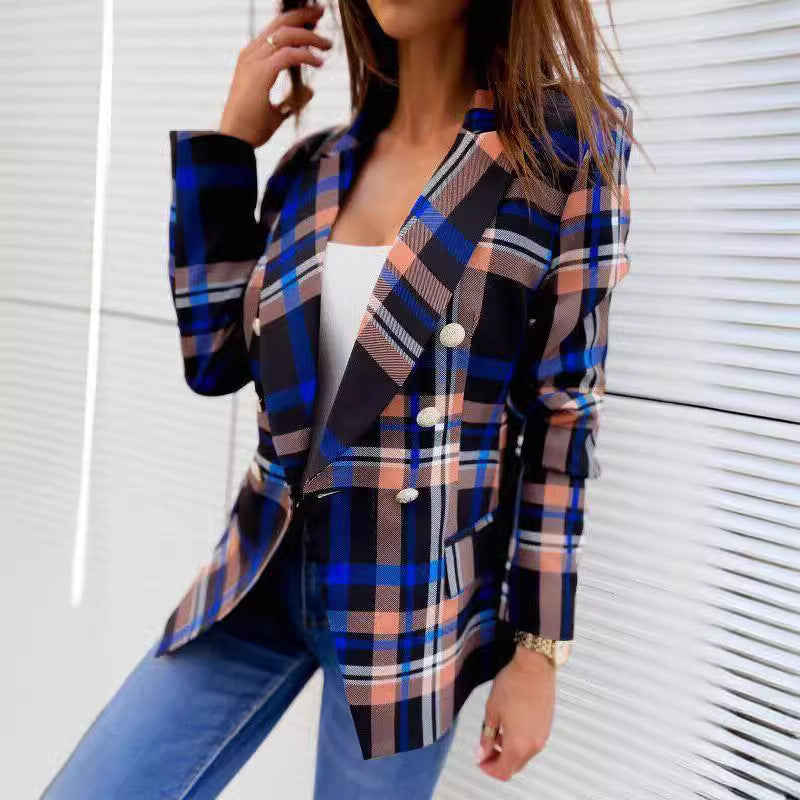 Damen Karierter Blazer mit doppelter Knopfleiste und schickem Schnitt EB