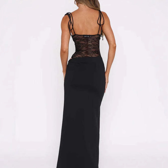 Damen nan Bandeau-Maxikleid mit transparentem Spitzenkorsett und knotbaren Spaghettiträgern EB