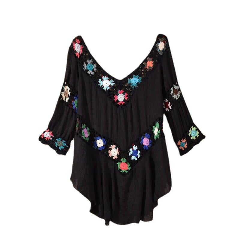 Damen Häkelbluse mit bunten Floral-Applikationen EB