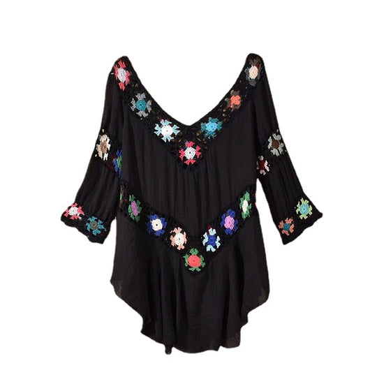 Damen Häkelbluse mit bunten Floral-Applikationen EB
