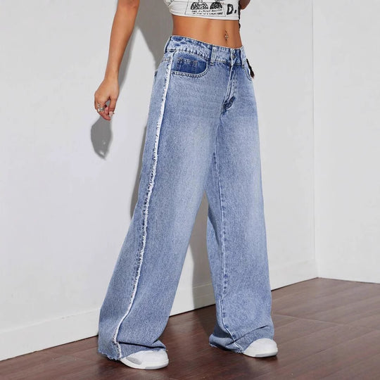 Damen Weite Denim-Jeans mit auffälligem fransigem Saum und hoher Taille EB