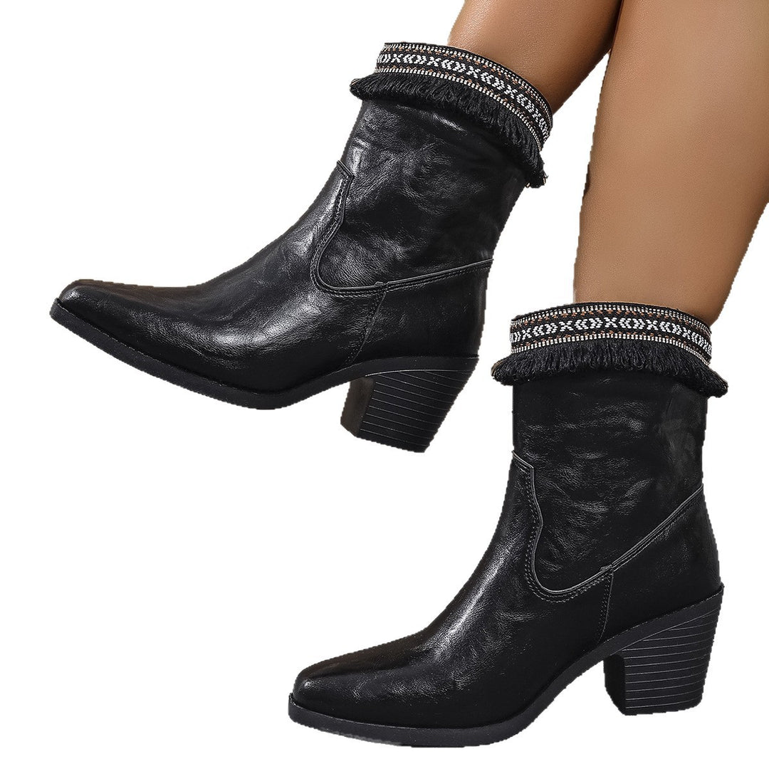 Damen  Western-inspirierte Stiefelette mit besticktem Fransensaum und gestapeltem Blockabsatz EB
