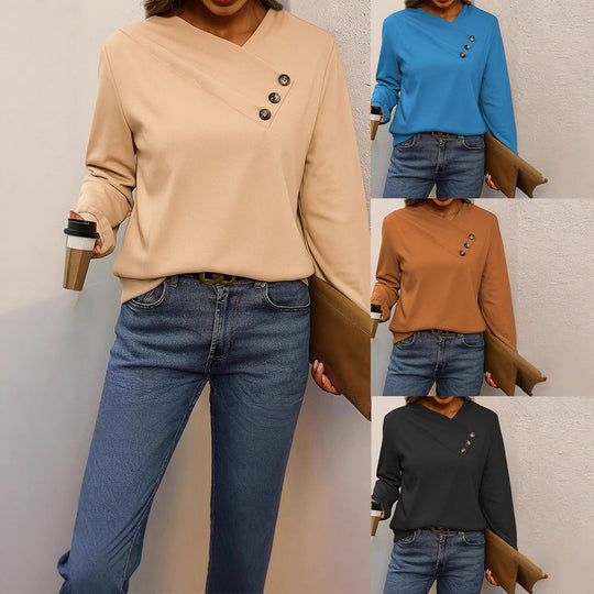 Damen Asymmetrische V-Ausschnitt Bluse mit Zierknopfleiste und Langarm EB