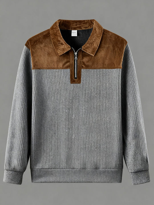 Unisex nan feinstrukturierter Strickpullover mit halbem Reißverschlusskragen und Samtbesatz EB