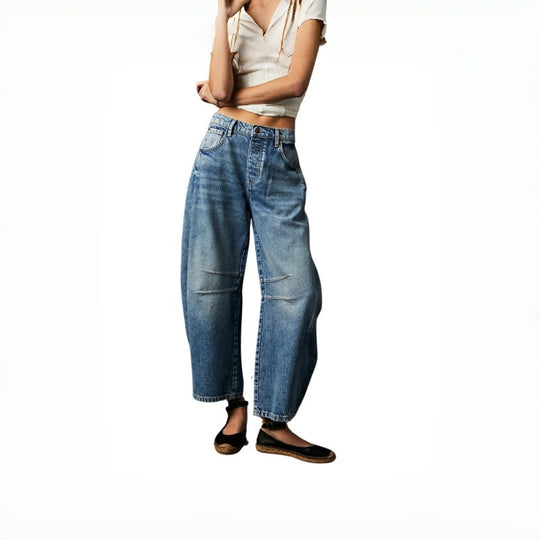 Damen Weite High-Waist Jeans im Vintage-Look mit ausgefallenem Waschverfahren EB