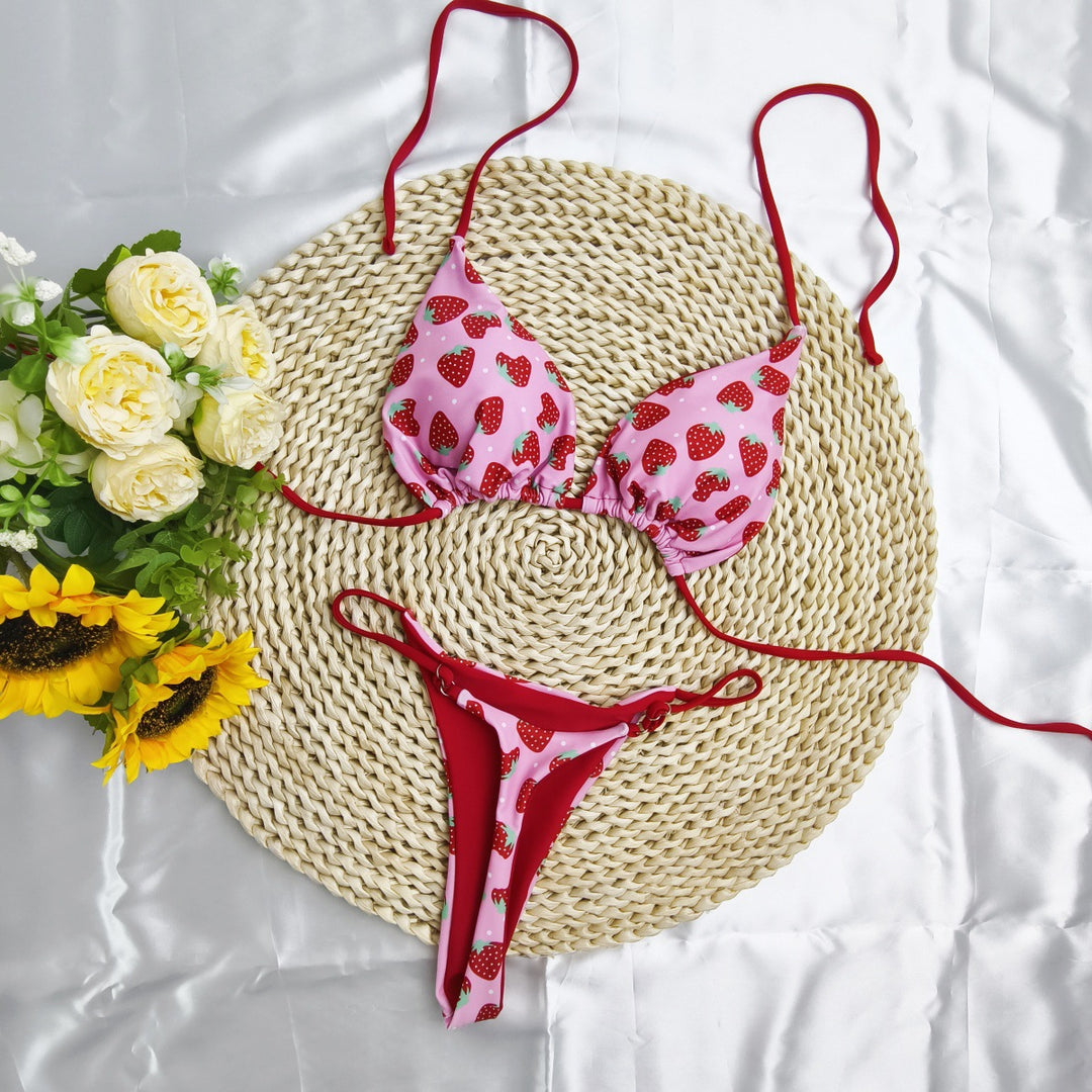 Damen Triangel-Bikini-Set mit fröhlichem Kirschmuster und verstellbaren Trägern EB