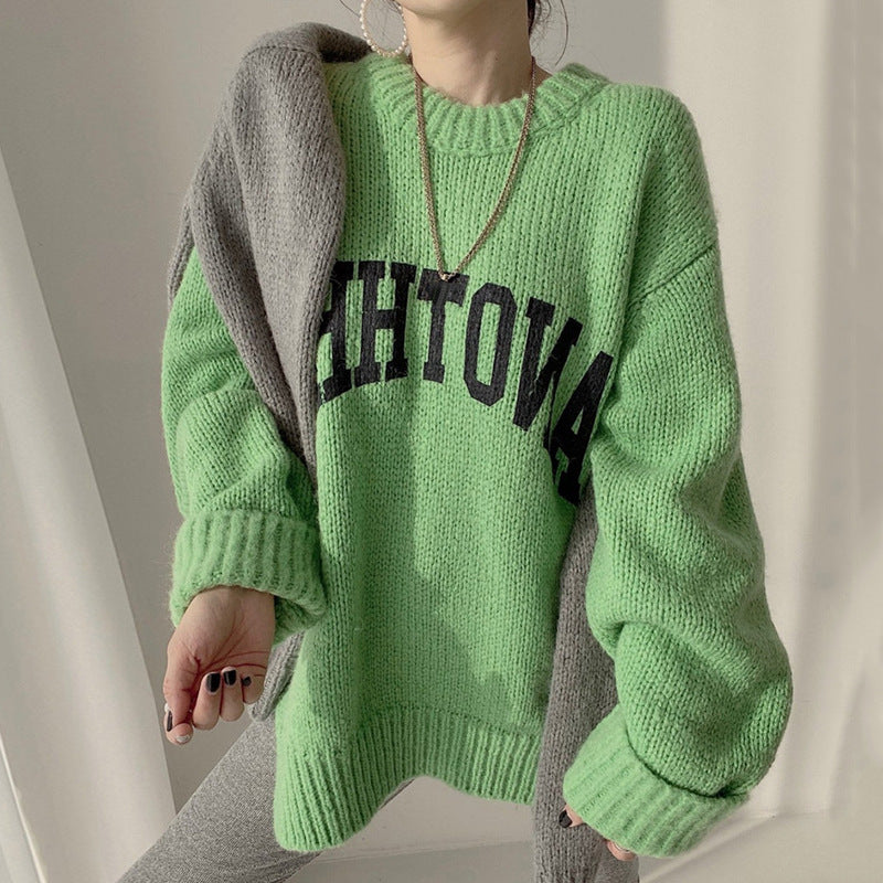 Damen Oversized Pullover mit auffälligem Schriftzug und gestricktem Muster EB