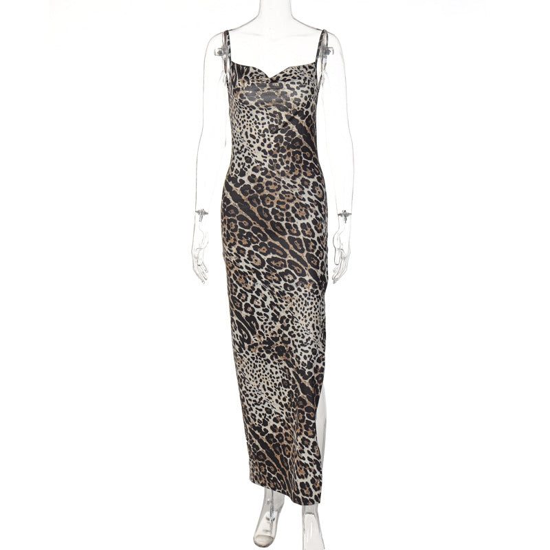 Damen Elegantes Maxikleid mit Leopardenmuster und sexy Schlitz EB