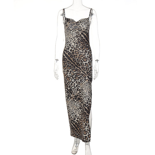 Damen Elegantes Maxikleid mit Leopardenmuster und sexy Schlitz EB