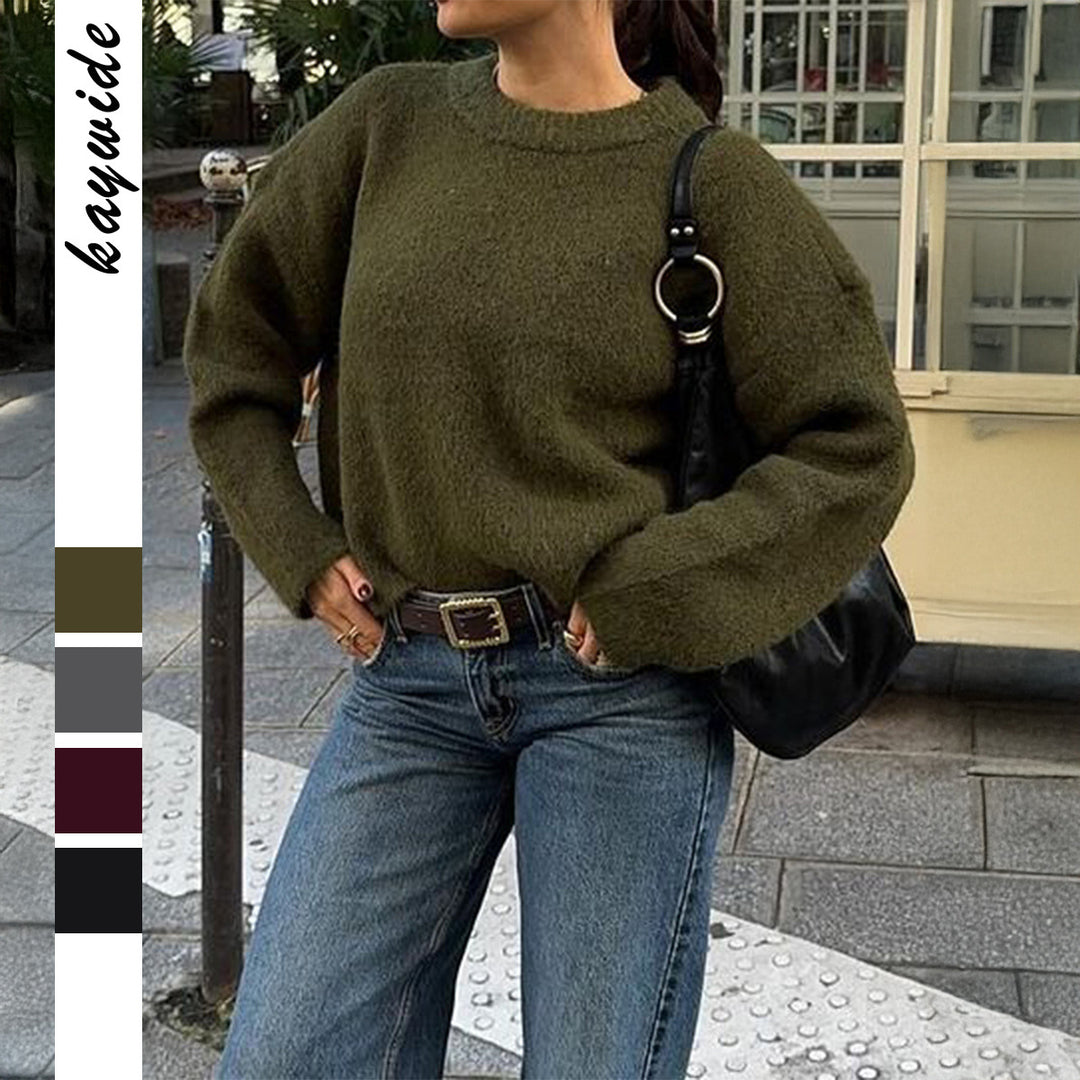 Damen nan kuscheliger Oversize-Strickpullover mit Rundhalsausschnitt und voluminösen Ballonärmeln EB