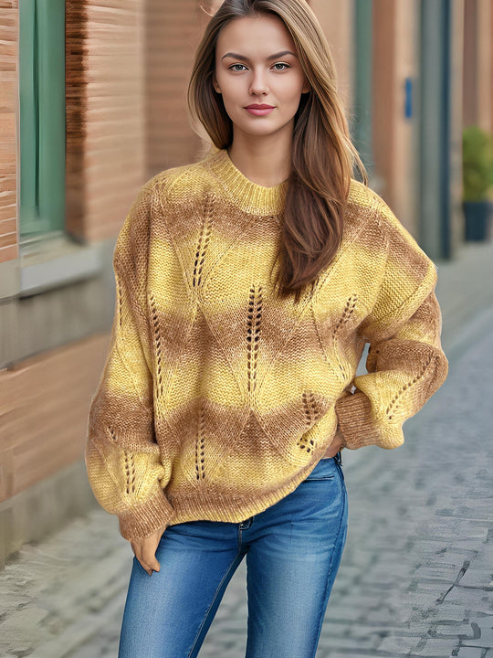 Damen lässiger Strickpullover mit modernem Lochmuster und voluminösen Ärmeln EB