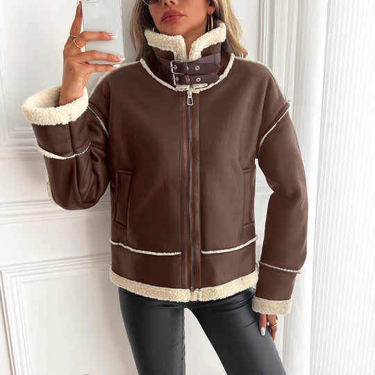 Damen stylische Kunstlederjacke mit Schaffellkragen EB