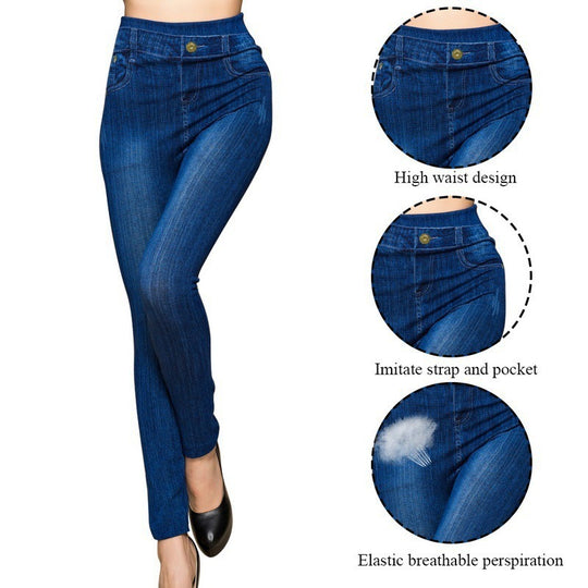 Damen Hochtaillierte Jeansleggings im Denim-Look EB