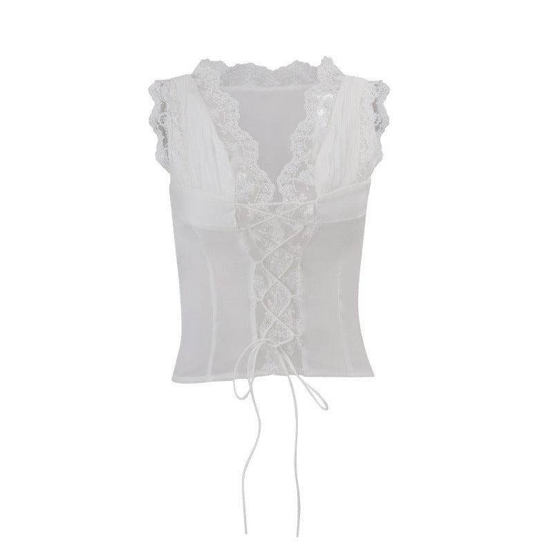 Damen Spitzen-Corsage mit Schnürung und Volantärmeln EB
