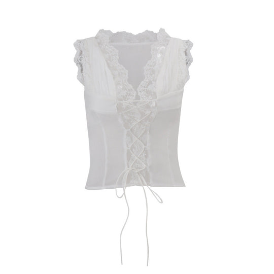 Damen Spitzen-Corsage mit Schnürung und Volantärmeln EB