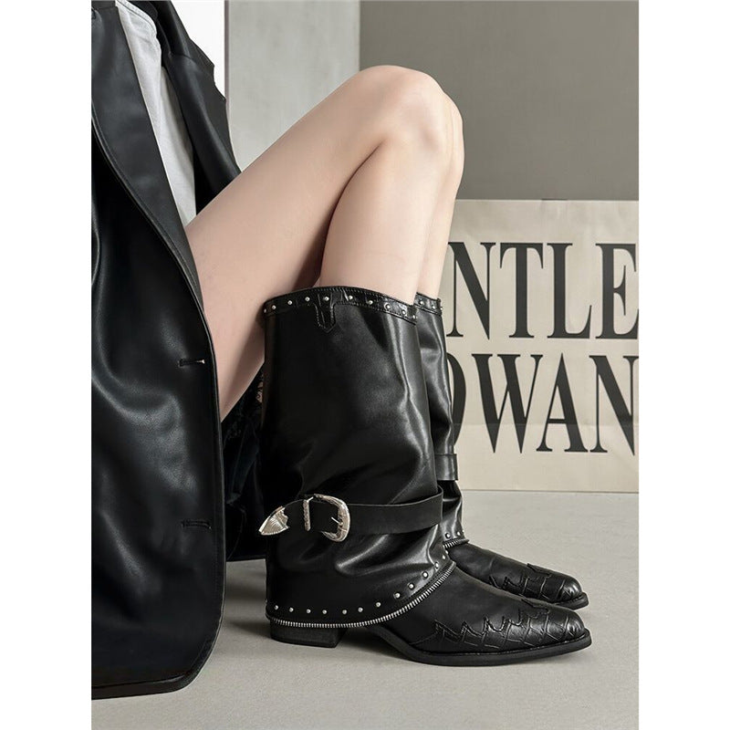 Damen Biker‑Western Midcalf‑Stiefel mit Ziernieten, Schnallenriemen und geprägter Zehenkappe EB