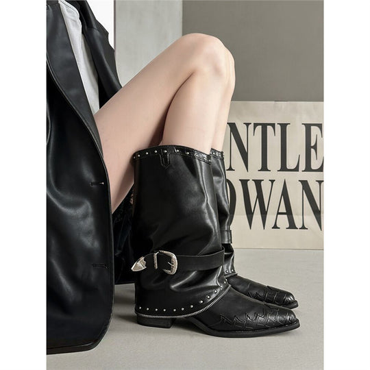 Damen Biker‑Western Midcalf‑Stiefel mit Ziernieten, Schnallenriemen und geprägter Zehenkappe EB
