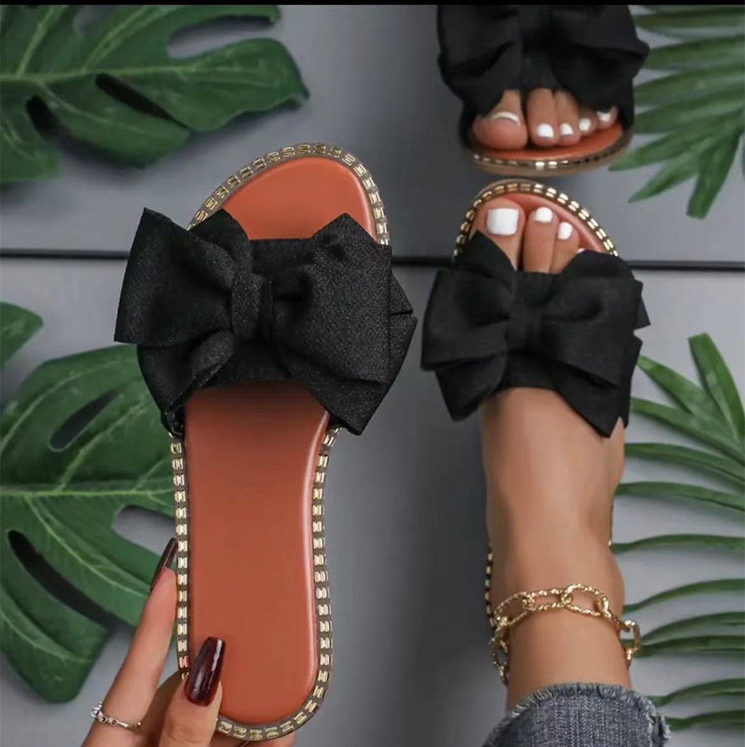 Damen elegante Sommer-Pantoletten mit großem Schleifen-Detail EB
