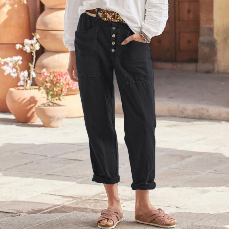 Damen nan Leinen-Baumwoll-Loungehose mit weitem Schnitt, hoher Bund und aufgesetzten Taschen EB