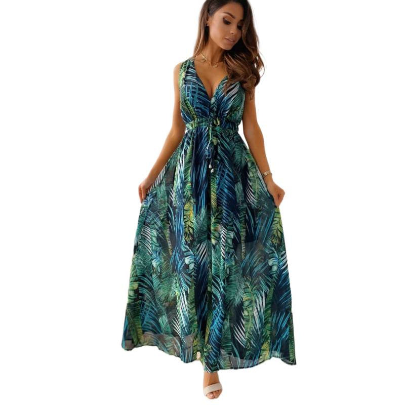 Damen Maxikleid mit floralen Mustern und tailliertem Oberteil EB