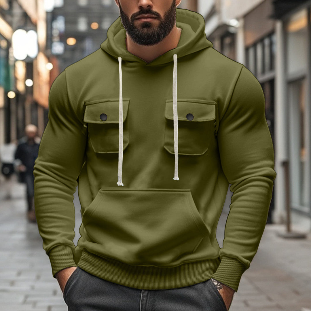 Herren nan sportiver Kapuzenpullover mit aufgesetzten Klappentaschen, Kängurutasche und schmalem Saum EB