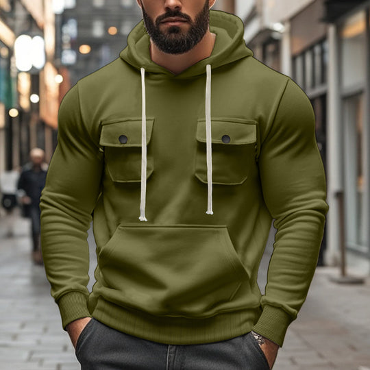 Herren nan sportiver Kapuzenpullover mit aufgesetzten Klappentaschen, Kängurutasche und schmalem Saum EB