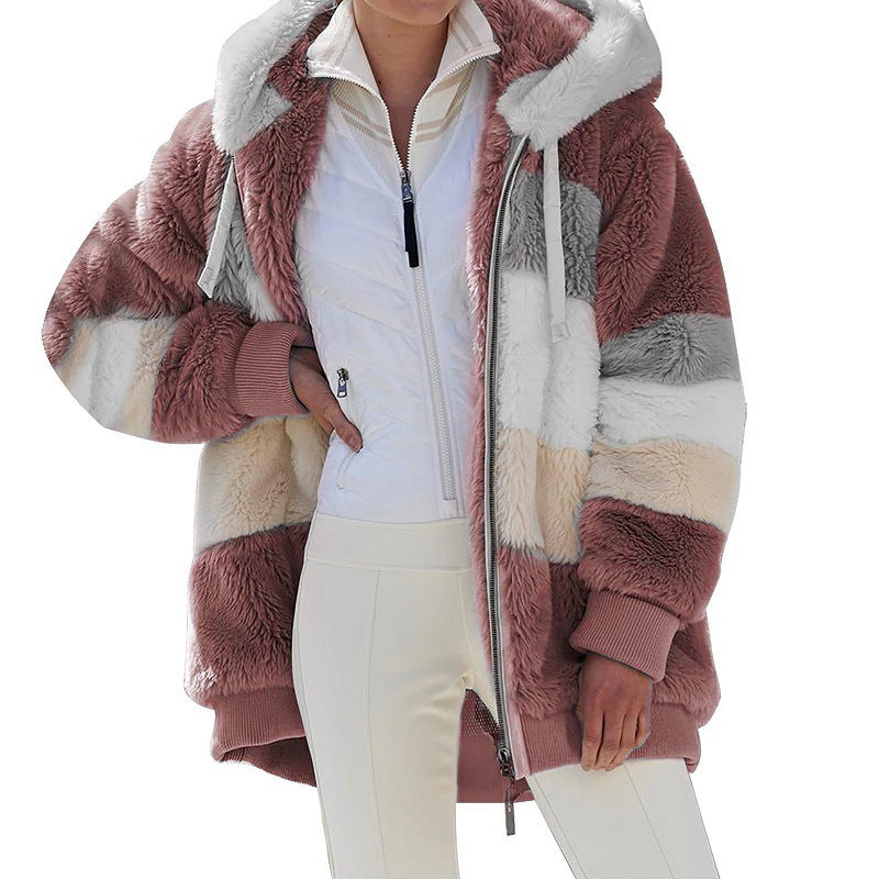 Damen nan oversized Kunstfell-Patchwork Kapuzenjacke mit Rippbündchen und Zweiwege-Reißverschluss EB