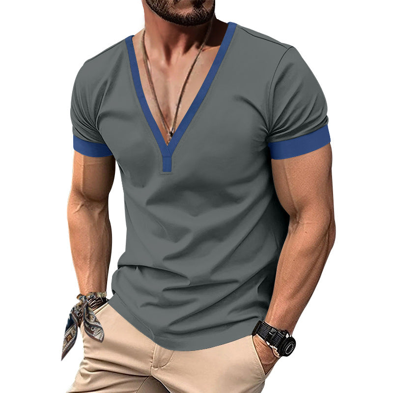 Herren V-Ausschnitt T-Shirt mit kontrastierenden Ärmeln und atmungsaktiver Baumwolle EB