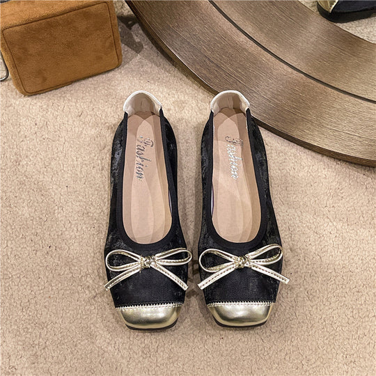 Damen nan Ballerina-Slipper mit quadratischer Zehenpartie, Schleifenapplikation und viskoelastischem Fußbett EB