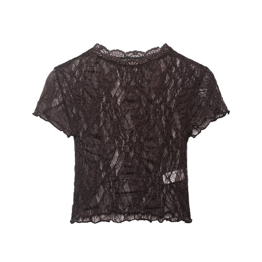 Damen Spitzen-Crop-Top mit feiner Struktur und voluminösen Ärmeln EB