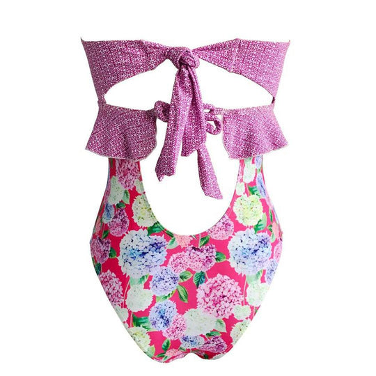 Damen Einteiler Badeanzug mit Rüschen und floralem Design EB