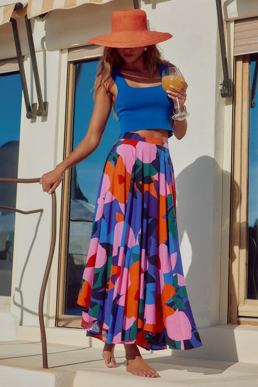 Damen Maxi-Rock mit buntem Blumendesign und fließendem Fall EB