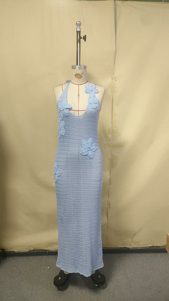 Damen häkel Maxi-Kleid mit floralem Design EB