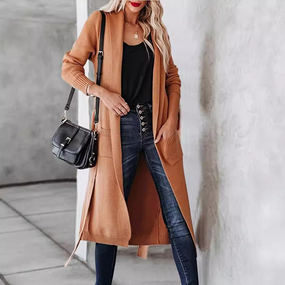 Damen Strickmantel mit eleganter Taillierung und praktischen Taschen EB