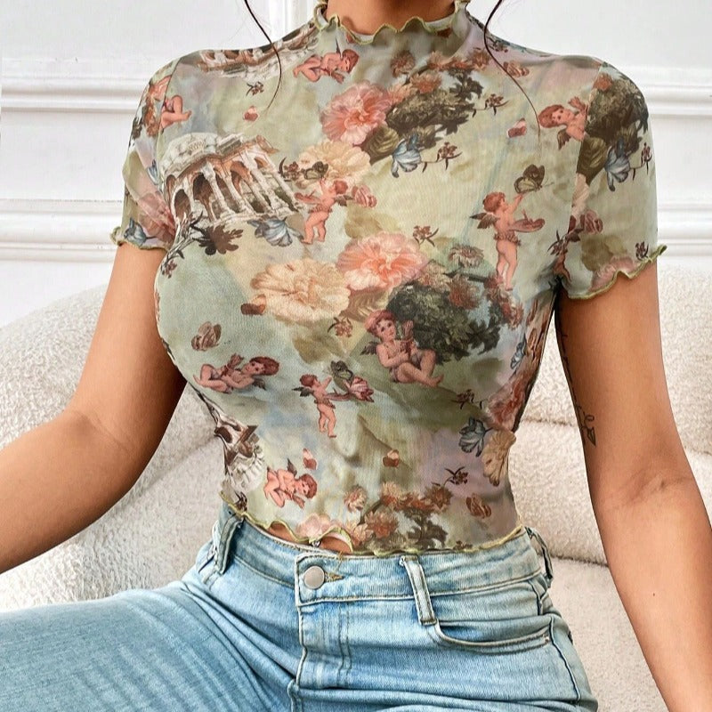 Damen Kurzarmshirt mit kunstvollem Print und modischem Schnitt EB