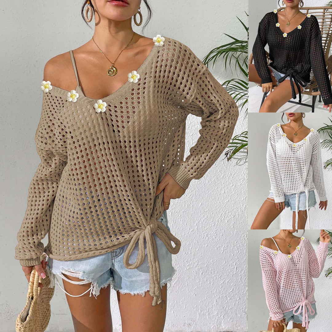 Damen luftiger Strickpullover mit floralem Dekor EB