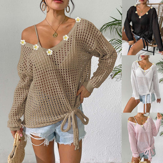 Damen luftiger Strickpullover mit floralem Dekor EB
